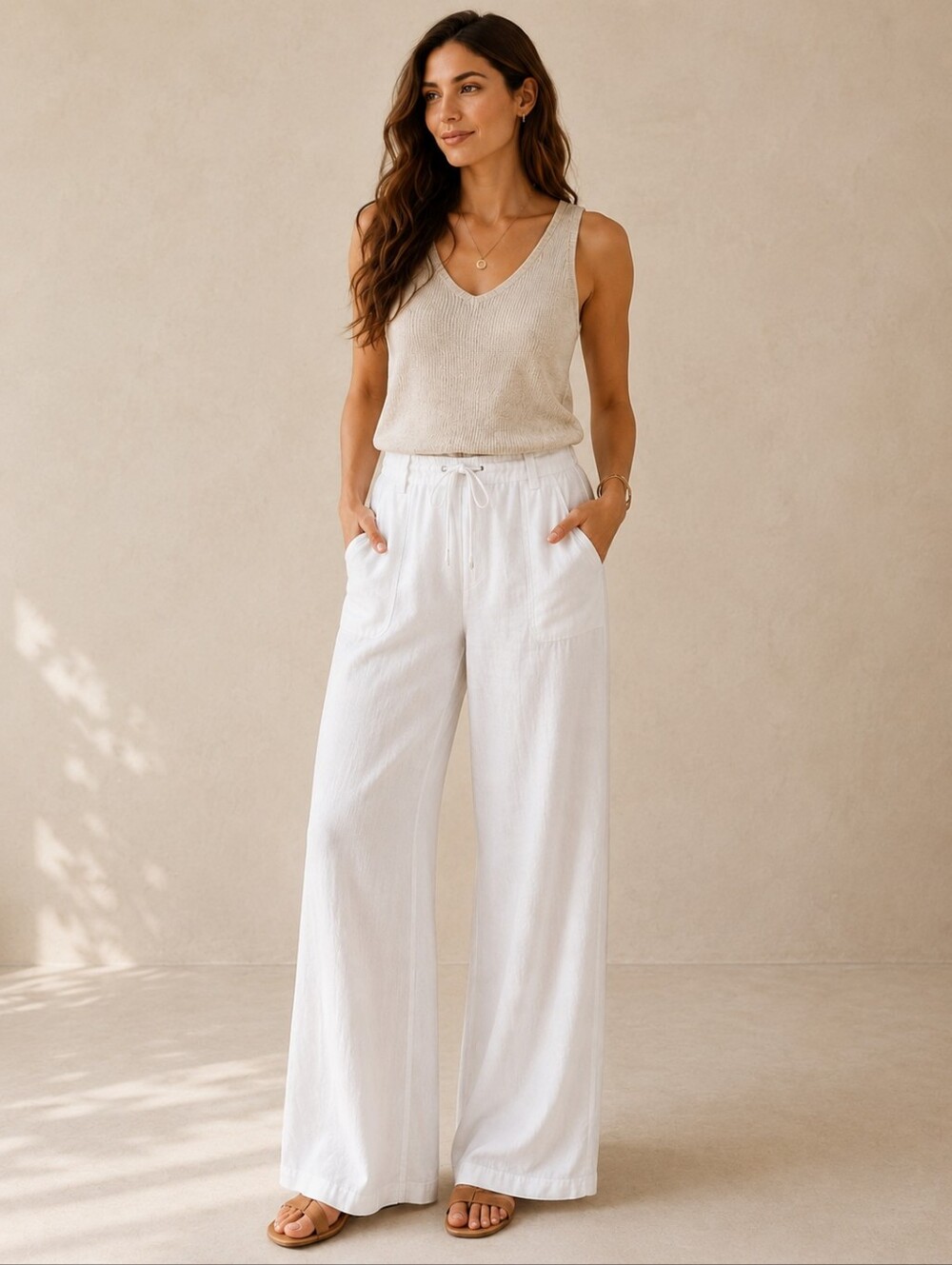 Just Living Linen Wide Leg Pants Ivory Drawstring Elastic Waist Size L